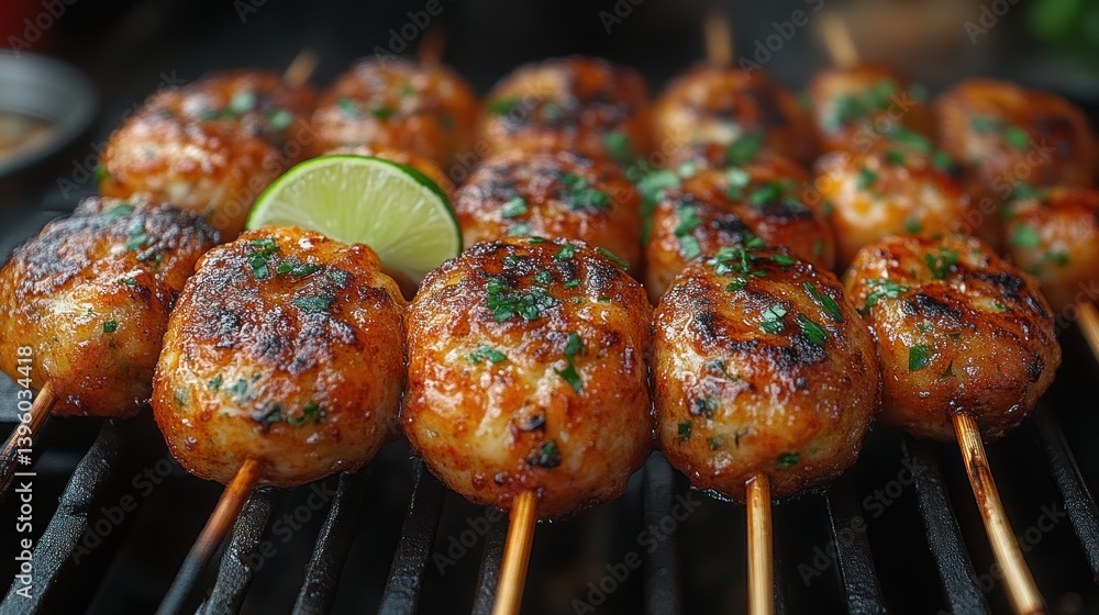 Grilled Meatballs on Skewers with Fresh Herbs and Lime Garnish Perfect for Barbecue and Outdoo Grilled Meatballs on Skewers with Fresh Herbs and Lime Garnish Perfect for Barbecue and Outdoo