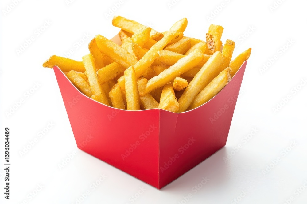 Close up view of french fries in a red container on a white surface isolated on white background Close up view of french fries in a red container on a white surface isolated on white background