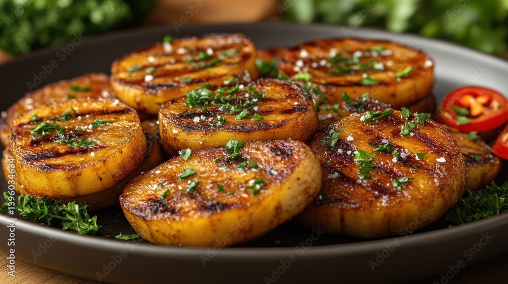 Grilled Plantain Slices with Fresh Herbs and Tomatoes on a Plate Grilled Plantain Slices with Fresh Herbs and Tomatoes on a Plate