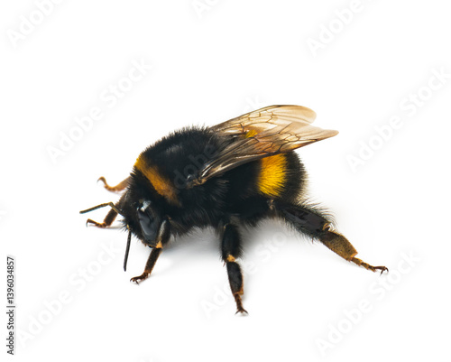 Live cute bumblebee on white background
