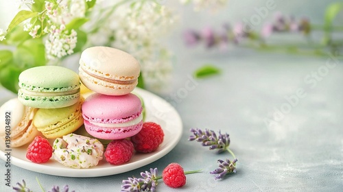   A white plate holds macaroons and raspberries next to a vase of flowers and greenery