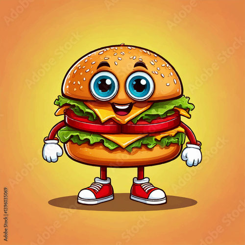 Adorable burger mascot with big eyes and shoes, cartoon vector, colorful background
