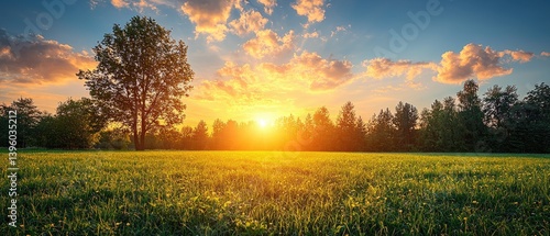 Vibrant sunset over a field of grass, single tree in foreground