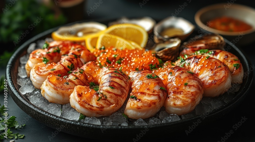 Grilled Seafood Platter with Scallops Salmon Roe and Lemon Slices on Ice for Gourmet Dining E Grilled Seafood Platter with Scallops Salmon Roe and Lemon Slices on Ice for Gourmet Dining E