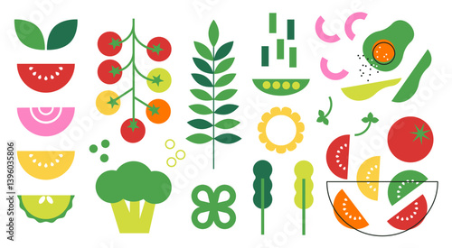 Abstract simple color vegetables. Salad bar. Different fresh veggies icon set. Pepper, broccoli, peas, tomato, avocado, onion. Healthy food organic ingredients. Vector abstract veg bowl illustration