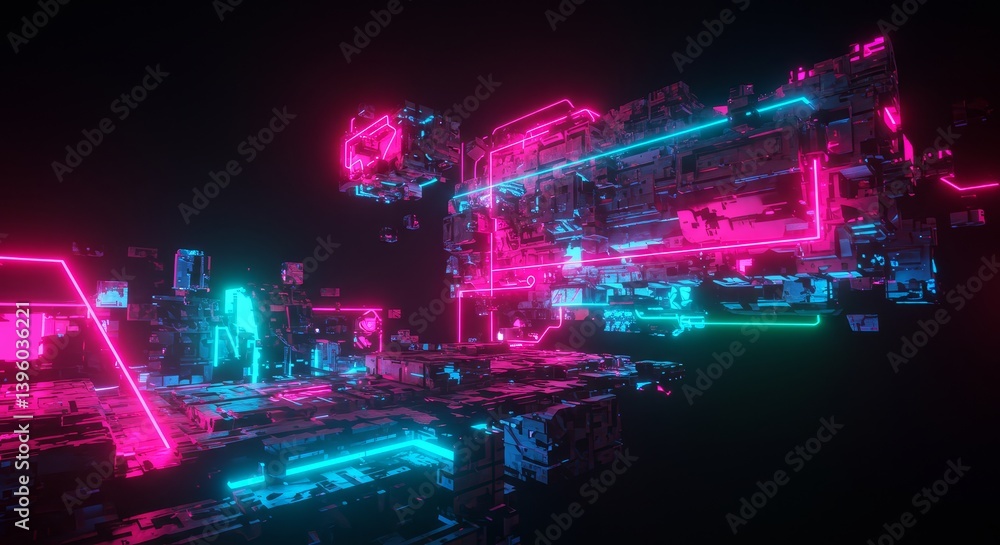 Fototapeta premium Neon Glow Landscape: Geometric Forms - Futuristic, vibrant, glowing neon, geometric shapes, art. Symbolizes technology, innovation, energy, progress, and the future
