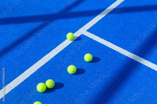 six balls in a blue padel tennis court, concept of racquet sports background