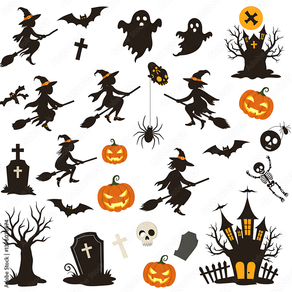 Halloween Icon Set with Witches Pumpkins Haunted Houses and Trees On Transparent Background
Halloween Icon Set with Witches Pumpkins Haunted Houses and Trees On Transparent Background