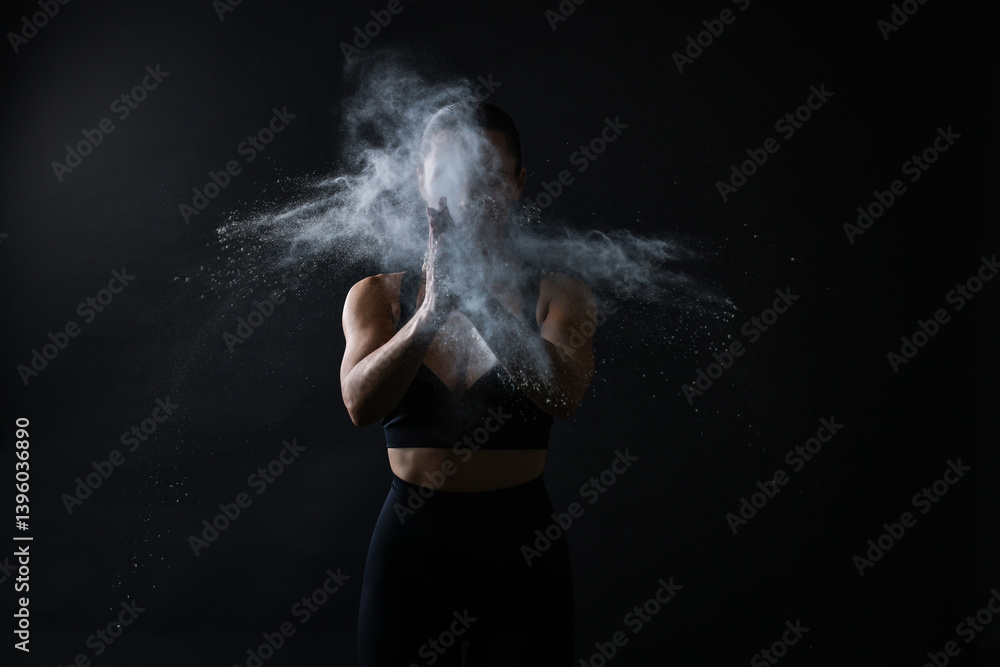 Woman clapping hands with talcum powder before training on black background