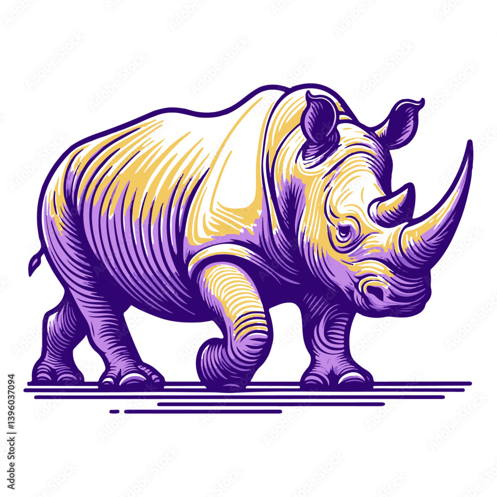 Obraz premium Rhino cartoon vector illustration standing on white background with tusks and large size, depicting wildlife and nature in a safari setting