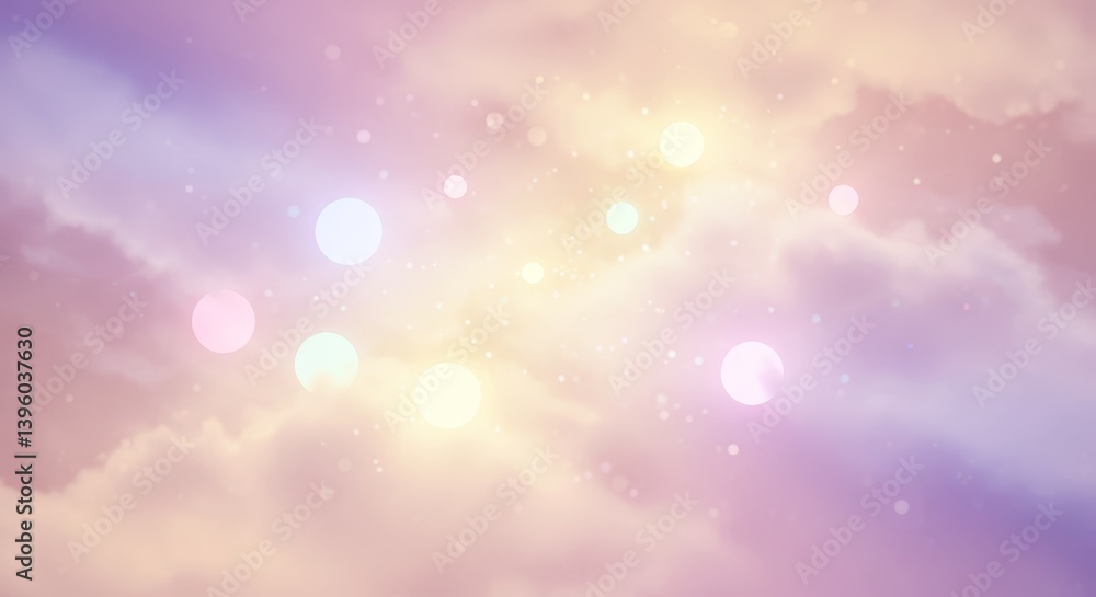 Naklejka premium Pastel Sky Dreamscape - Soft pastel clouds with glowing bokeh lights, perfect for dreamy backgrounds or websites. Tranquil and serene