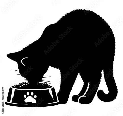 A black and white silhouette of a cat eating food from its bowl on a white isolated background. Vector graphics. EPS.