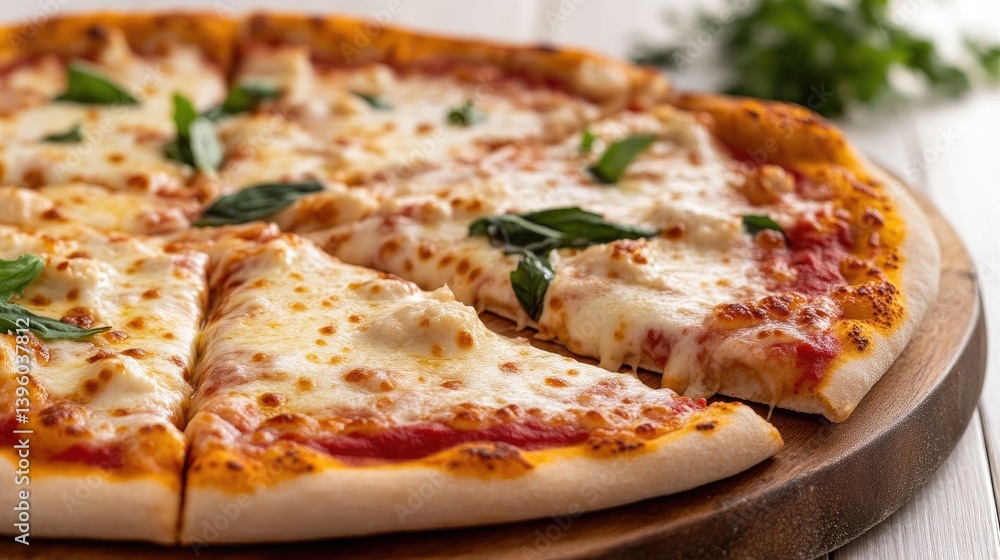 A freshly baked pizza with melted cheese and basil leaves on a wooden cutting board, and close-up shot with a rustic and appetizing composition. A freshly baked pizza with melted cheese and basil leaves on a wooden cutting board, and close-up shot with a rustic and appetizing composition.
