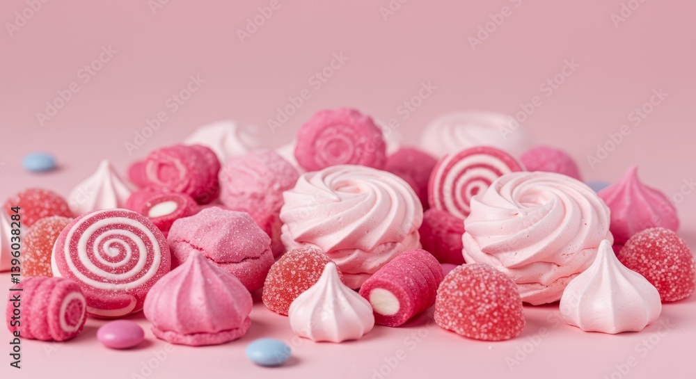 Pink Delight: A Sweet Collection of Confections - A delightful assortment of pink marshmallows, macarons, and gummy candies, perfect for a sweet treat or celebratory occasion Pink Delight: A Sweet Collection of Confections - A delightful assortment of pink marshmallows, macarons, and gummy candies, perfect for a sweet treat or celebratory occasion