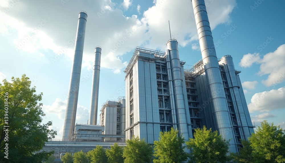 Obraz premium Modern power plant. Shiny metal constructions, green trees, cloudy sky. Eco power generation, industrial landscape. Sustainable energy, environmental tech, carbon footprint reduction.