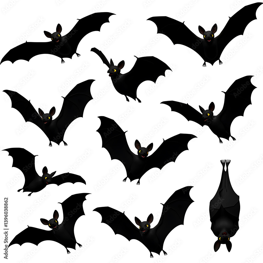 Obraz premium Black Bat Icons with Wings Spread On Transparent Background