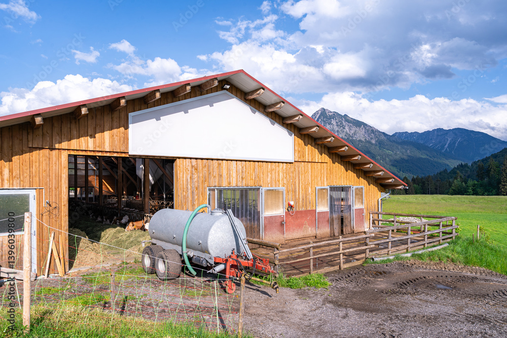 Heumilch-Erzeugung, Blick von aussen auf die Futterdiele eines modernen Rinderstalles - Abendfütterung mit Gras und Heu.