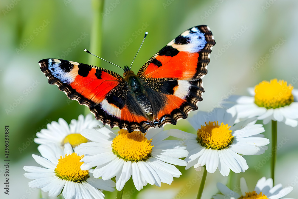 A butterfly on white daisies in soft light outside A butterfly on white daisies in soft light outside
