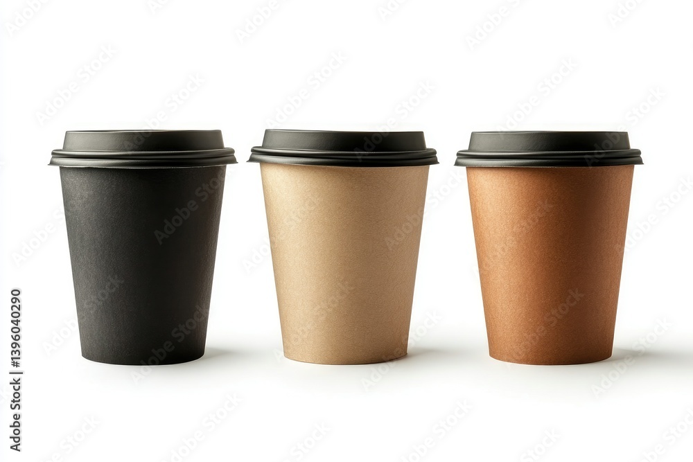 Three Coffee Cups in Different Colors on White Background Three Coffee Cups in Different Colors on White Background
