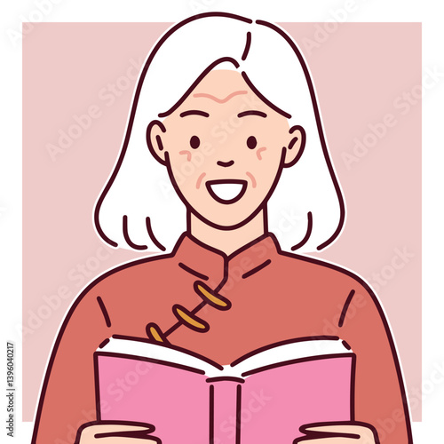 Elderly white-haired woman in traditional clothing holding an open book and smiling, symbolizing wisdom, lifelong learning, and cultural engagement
