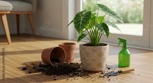 Repotting Alocasia Plant Indoors - Alocasia plant repotting scene, showing plant, soil, pots and gardening tools on a wooden floor