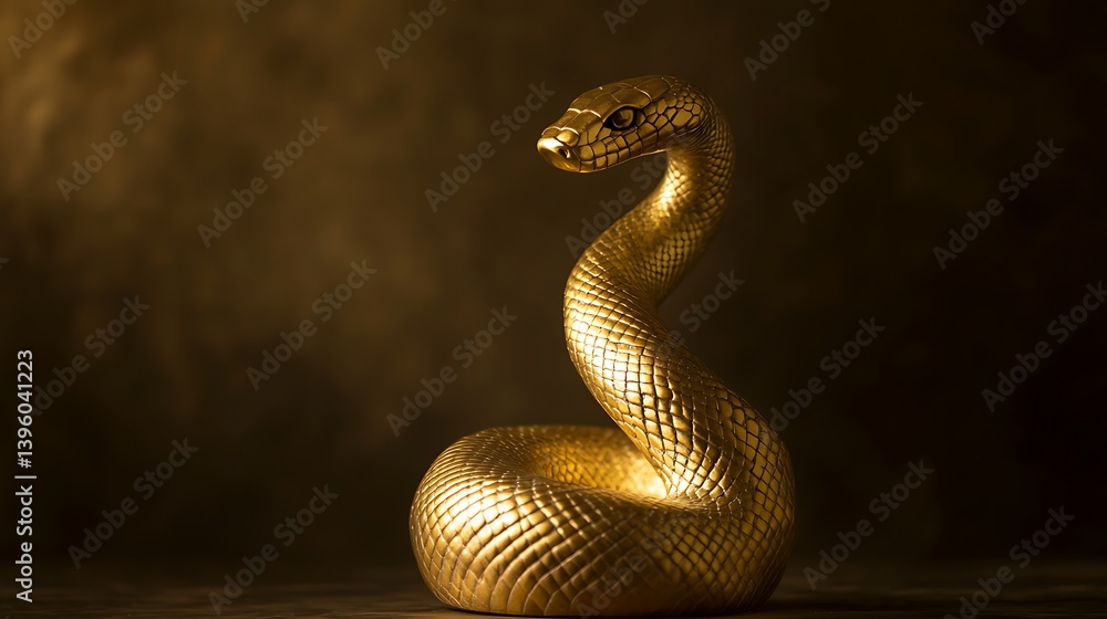 Fototapeta premium Isolated golden snake statue in low light, a symbol mystery