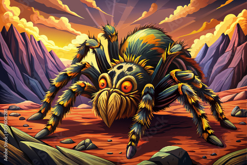 Angry Tarantula Spider portrait on rock formation desert under a strange colored sky, animal banner