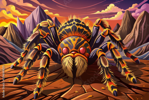 Angry Tarantula Spider portrait on rock formation desert under a strange colored sky, animal banner