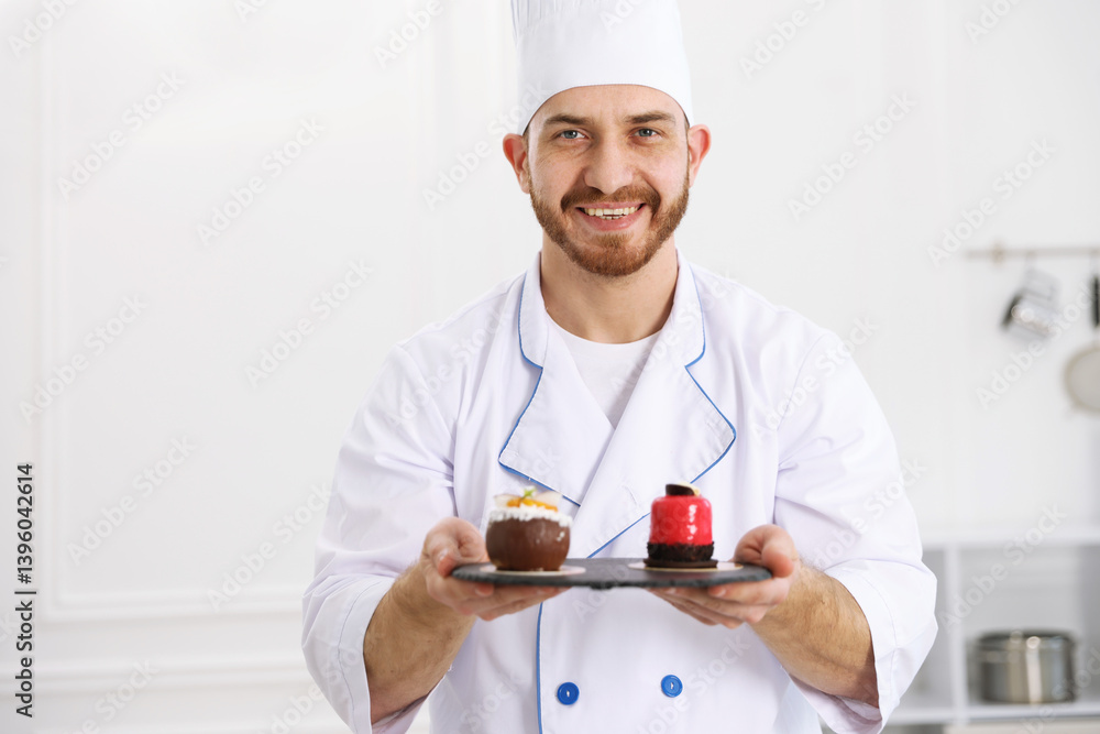 Confectioner with delicious desserts in kitchen, space for text Confectioner with delicious desserts in kitchen, space for text