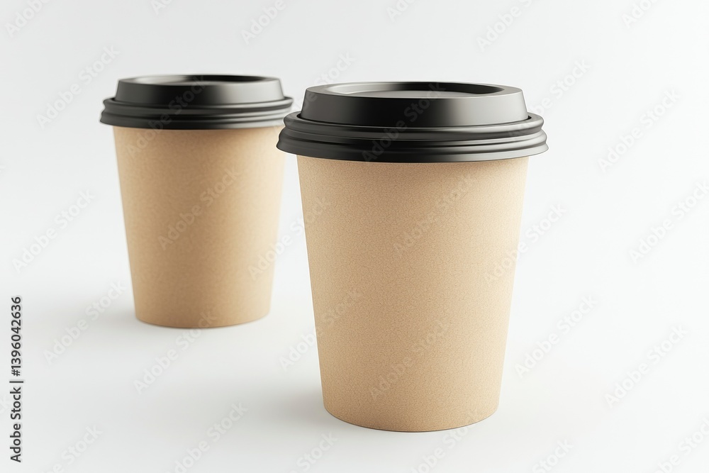 Two Paper Coffee Cups with Black Lids on Clean White Background Two Paper Coffee Cups with Black Lids on Clean White Background