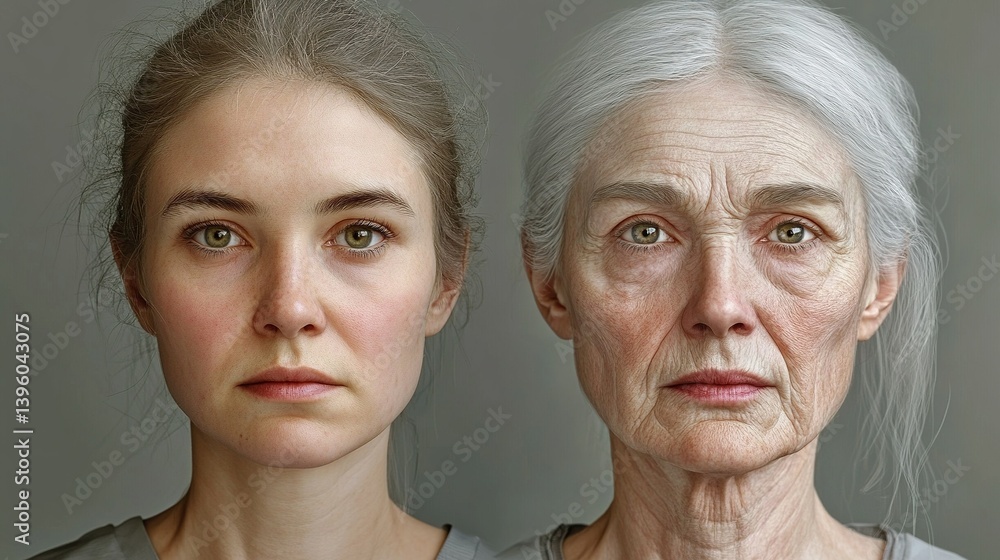Weibliches Gesicht in zwei Hälften geteilt - eine Hälfte zeigt die junge Frau und die andere Hälfte die gealterte Frau als Seniorin. Jung und Alter, Anti-Aging-Konzept, Generative AI Weibliches Gesicht in zwei Hälften geteilt - eine Hälfte zeigt die junge Frau und die andere Hälfte die gealterte Frau als Seniorin. Jung und Alter, Anti-Aging-Konzept, Generative AI