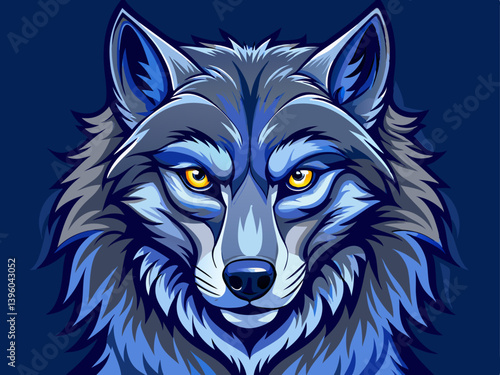 A professional vector of a wild wolf with piercing eyes, placed on a solid dark blue background