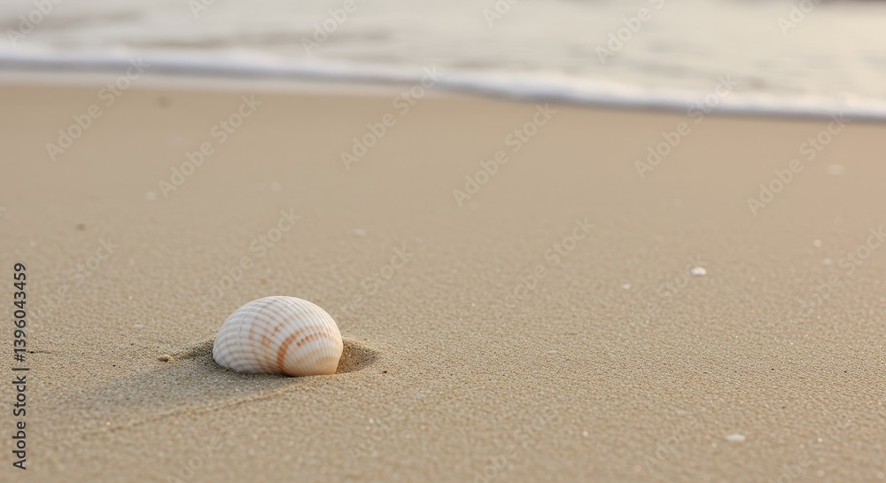 Seashell on Sandy Beach - A single seashell rests gently in the sand near the ocean's edge, sunlight illuminating the scene Seashell on Sandy Beach - A single seashell rests gently in the sand near the ocean's edge, sunlight illuminating the scene