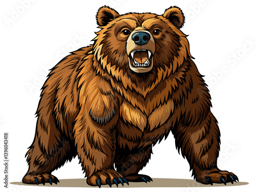A vector illustration of a massive brown bear standing on its hind legs, isolated on a white background