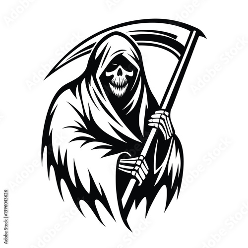Grim Reaper Silhouette with Scythe, Hooded Figure, Skull Face, Black & White Art