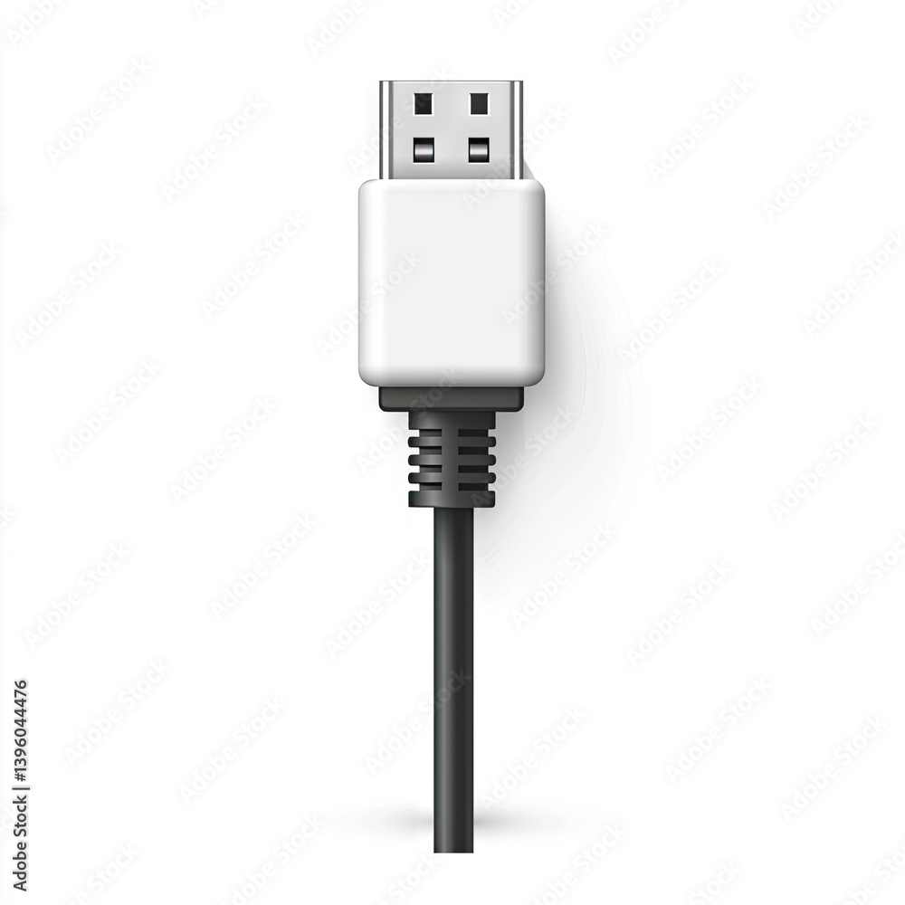 White HDMI connector with black cable, isolated on white background White HDMI connector with black cable, isolated on white background