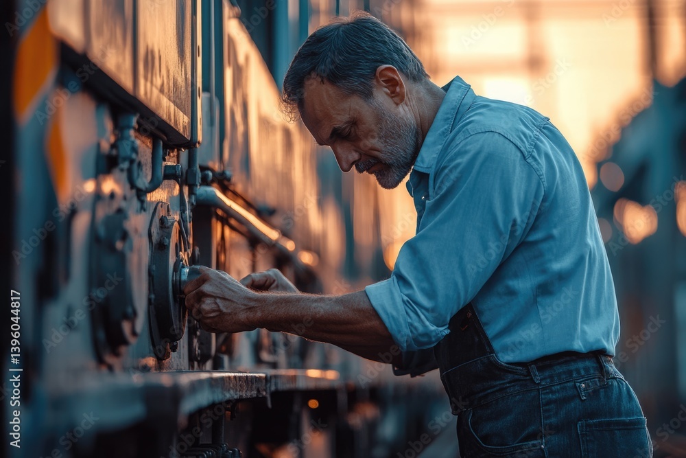 A seasoned railway worker meticulously inspects and maintains the intricate mechanism of a vintage train carriage during the golden hour. A seasoned railway worker meticulously inspects and maintains the intricate mechanism of a vintage train carriage during the golden hour.