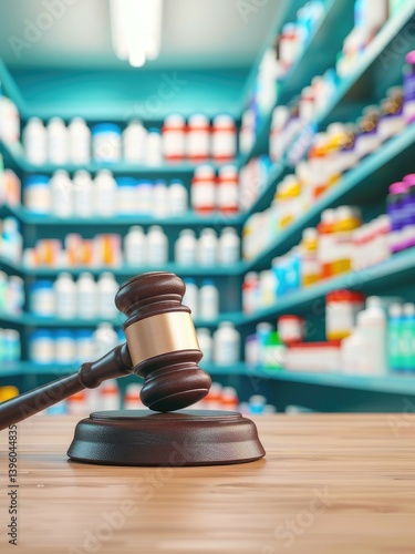 Pharmacy Lawsuit Concept Gavel on Wood in Blurred Drugstore Background