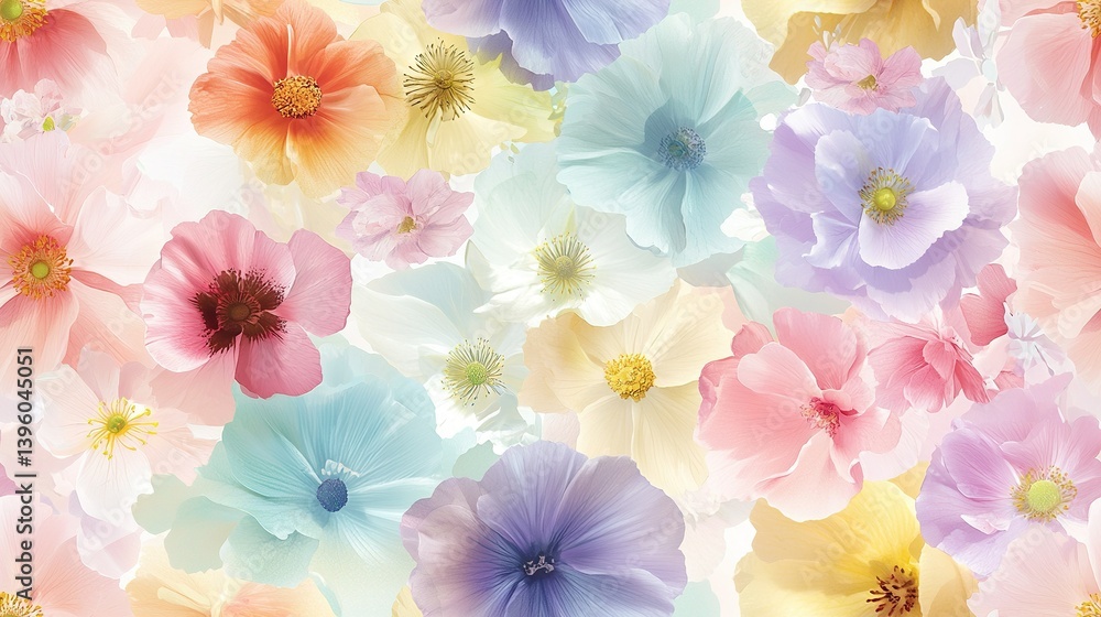 A vibrant array of flowers adorns a paper colored in pastels of pink, blue, yellow, and purple A vibrant array of flowers adorns a paper colored in pastels of pink, blue, yellow, and purple