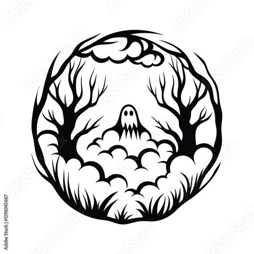 Silhouette Ghostly Apparition with Flowing Form and Open Arms Black on White Isolated