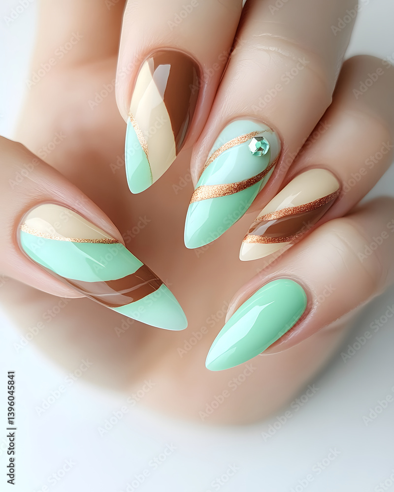 A stunning display of mint green and chocolate-toned nail art, radiating elegance and creativity.