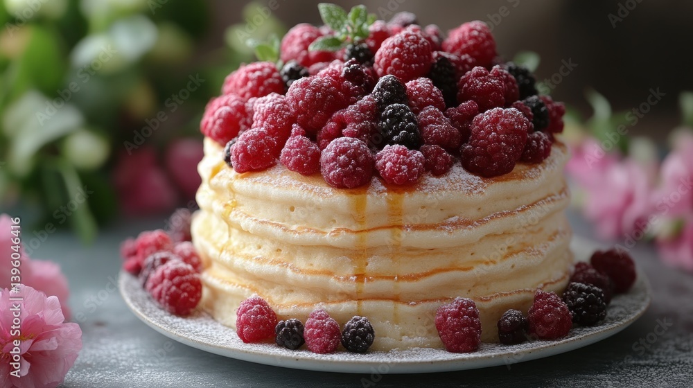 Stacked Pancakes Topped with Fresh Berries and Powdered Sugar Perfect for Breakfast or Dessert Stacked Pancakes Topped with Fresh Berries and Powdered Sugar Perfect for Breakfast or Dessert