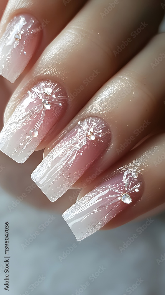 Delicate ballerina nails adorned with floral designs and shimmering details evoke elegance and grace. Delicate ballerina nails adorned with floral designs and shimmering details evoke elegance and grace.