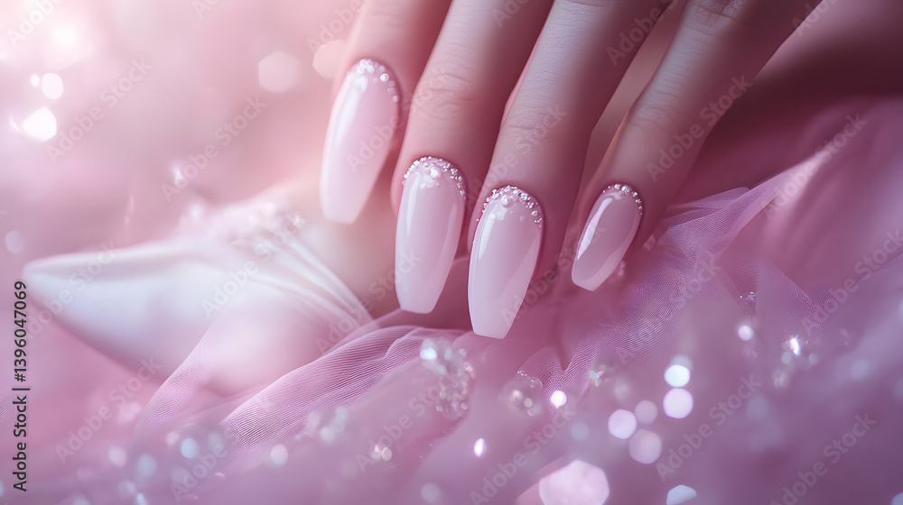 Delicate ballerina-inspired nails resting gently on soft pink tulle evoke grace and elegance.