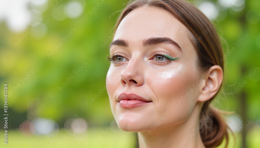 Girl with pastel green eyeliner enjoying nature in urban park, spring beauty Girl with pastel green eyeliner enjoying nature in urban park, spring beauty
