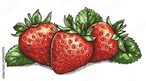 Minimal Simple Hand-Drawn Strawberry Illustration with Vibrant Colors, Three Ripe Berries and Leaves, Detailed Sketch Style, Ideal for Food Art, Prints, and Design on white background.