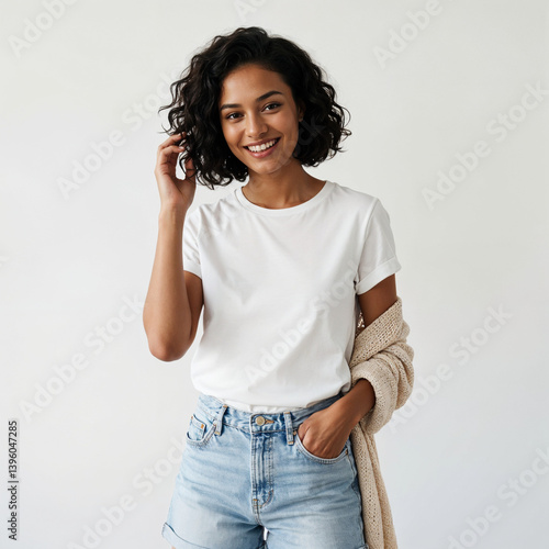 Casual woman with a beige cardigan, looking cheerful