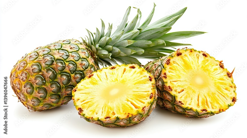 On a white background, a fresh pineapple, perfect for tropical recipes.