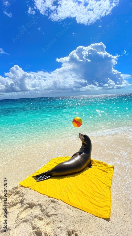 Obraz premium A marine mammal relaxes on a yellow towel at a tropical beach under a bright blue sky. A colorful ball floats above the marine mammal.
