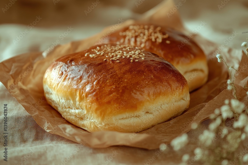 Two golden brown baked rolls garnished with sesame seeds sit together Two golden brown baked rolls garnished with sesame seeds sit together